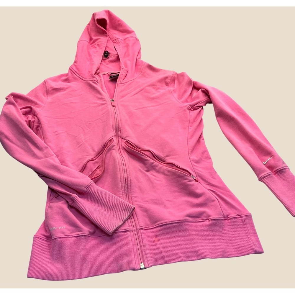 Nike Dri-FIT Full Zip Hoodie Pink Thumbholes Women L Activewear Yoga Jacket